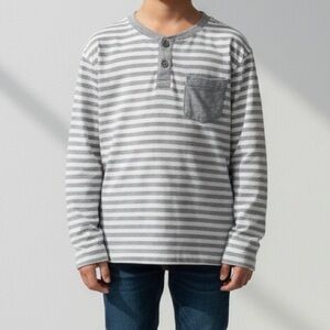 CRAZY 8 • BOYS' LONG-SLEEVE GRAY + WHITE STRIPED HENLEY SHIRT - 7/8